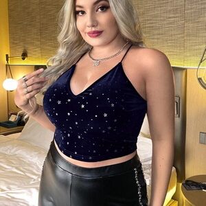 Blue Embellished Crop Camisole with Rhinestones